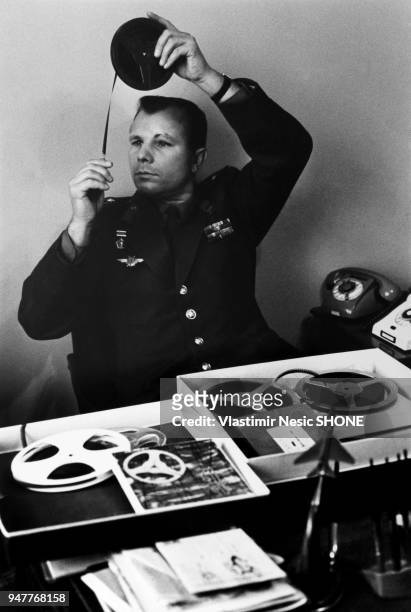 Yuri Gagarin with Recorded Tapes, 1964.