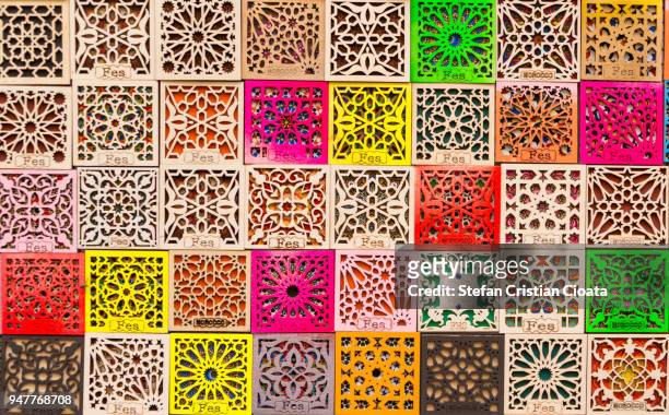 colorful souvenirs in fez, morocco - moroccan tile stock pictures, royalty-free photos & images