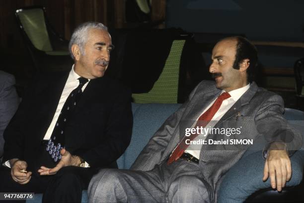 Lebanese statesman Rachid Karame and Walid Jumblatt, leader of Druze community, attend conference on Lebanon in Geneva, November 1, 1983.