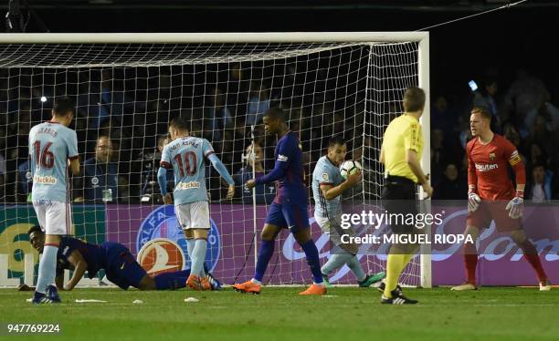 Celta Vigo's Spanish defender Jonny Castro takes the ball after scoring a goal during the Spanish league football match between RC Celta de Vigo and...