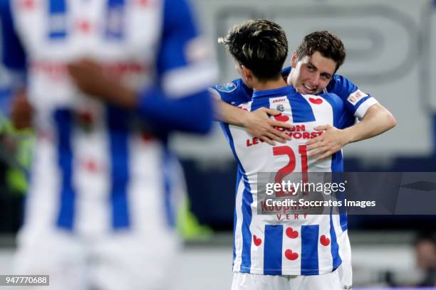 Marco Rojas of SC Heerenveen celebrates 1-0 with Yuki Kobayashi of SC Heerenveen during the Dutch Eredivisie match between SC Heerenveen v ADO Den...