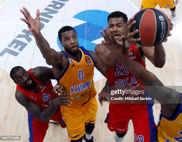 Cory Higgins, #22 of CSKA Moscow competes with Thomas Robinson, #0 of Khimki Moscow Region in action during the Turkish Airlines Euroleague Play Offs...