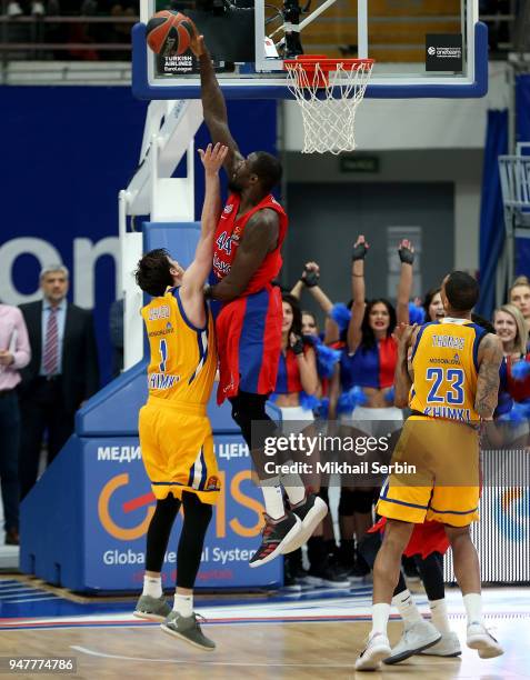 Othello Hunter, #44 of CSKA Moscow blocks Alexey Shved, #1 of Khimki Moscow Region during the Turkish Airlines Euroleague Play Offs Game 1 between...