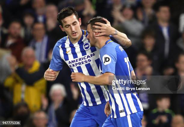 Pascal Gross of Brighton and Hove Albion celebrates with Shane Duffy of Brighton and Hove Albion after scoring his sides first goal from the penalty...