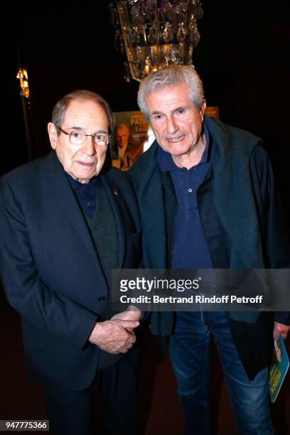 Robert Hossein and Claude Lelouch attend the "Patrick et ses Fantomes" Theater Play at Casino de Paris on April 17, 2018 in Paris, France.
