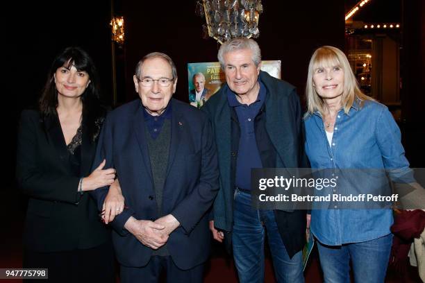 Valerie Perrin, Robert Hossein, Claude Lelouch and Candice Patou attend the "Patrick et ses Fantomes" Theater Play at Casino de Paris on April 17,...