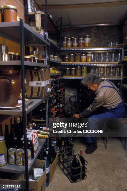 Homme mettant du vin en bouteille dans sa cave, en France.
