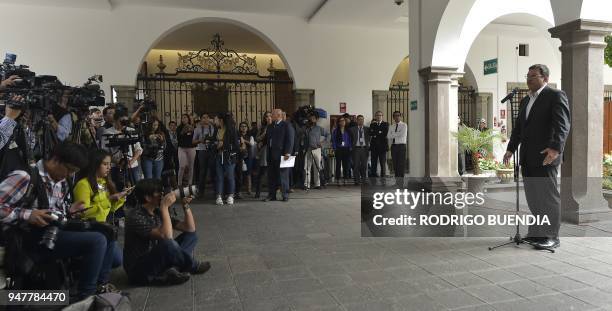 Ecuador's Interior Minister Cesar Navas speaks to the press on the recent kidnappings in the Ecuador-Colombia border, at the Carondelet presidential...