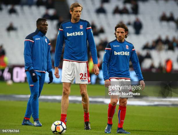 Stoke City's Peter Crouch and Stoke City's Joe Allen during English Premier League match between West Ham United and Stoke City at London stadium,...