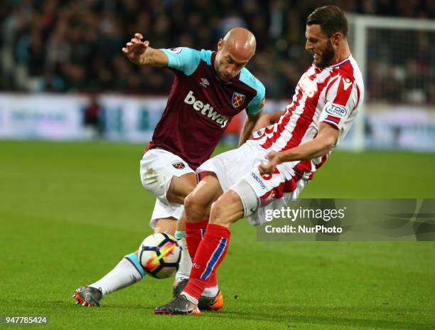 West Ham United's Pablo Zabaleta takes on Stoke City's Erik Pieters during English Premier League match between West Ham United and Stoke City at...