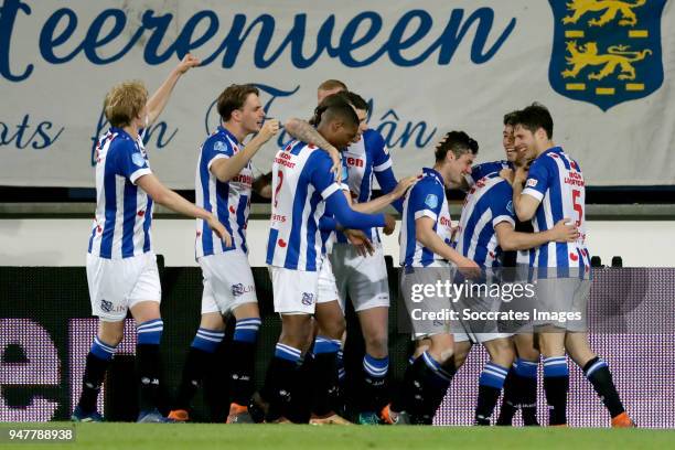 Marco Rojas of SC Heerenveen celebrates 2-0 with Morten Thorsby of SC Heerenveen, Daniel Hoegh of SC Heerenveen, Denzel Dumfries of SC Heerenveen,...