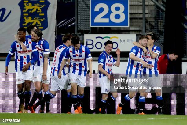 Marco Rojas of SC Heerenveen celebrates 2-0 with Morten Thorsby of SC Heerenveen, Daniel Hoegh of SC Heerenveen, Denzel Dumfries of SC Heerenveen,...