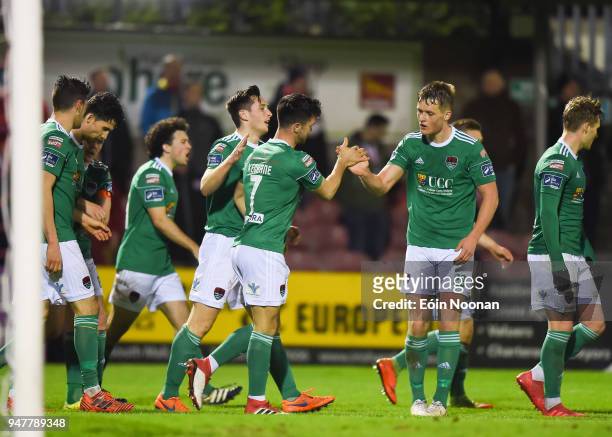 Cork , Ireland - 17 April 2018; Jimmy Keohane of Cork City celebrates with team-mate Sean McLoughlin after scoring his side's first goal during the...