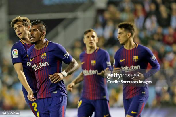 Paulinho of FC Barcelona celebrates 1-2 during the La Liga Santander match between Celta de Vigo v FC Barcelona at the Estadio de Balaidos on April...