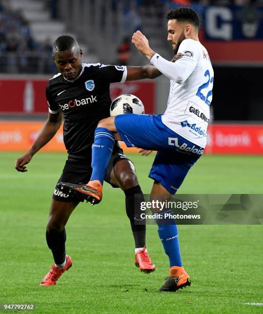 Dylan Bronn defender of KAA Gentand Ally Mbwana Samatta forward of KRC Genk during the Jupiler Pro League Play-Off 1 match between KAA Gent and KRC...