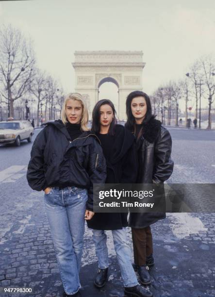 British singers Keren Woodward, Sara Dallin, Siobhan Fahey of pop vocal group Bananarama in Paris, France, 1989.