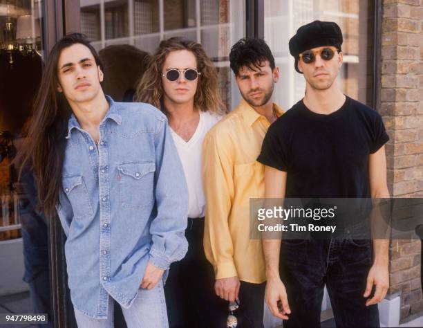 American rock band Extreme, circa 1990; Nuno Bettencourt, Pat Badger, Paul Geary, Gary Cherone.