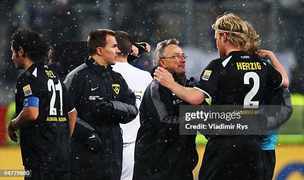 Coach Michael Krueger of Aachen celebrates with Nico Herzig after winning 0:2 the Second Bundesliga match between MSV Duisburg and Alemannia Aachen...