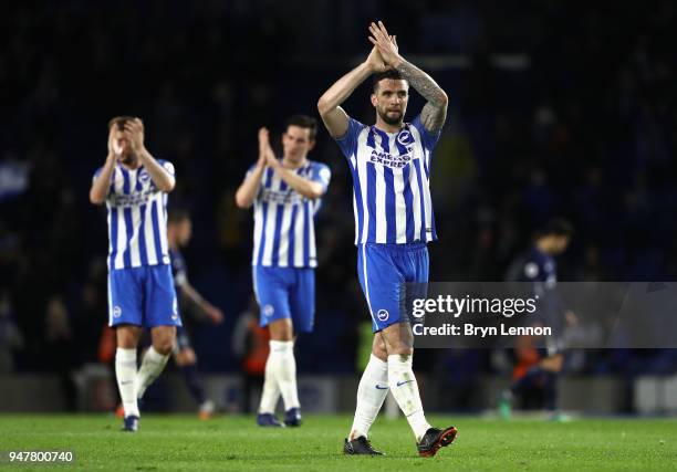 Shane Duffy of Brighton and Hove Albion applauds the fans after the Premier League match between Brighton and Hove Albion and Tottenham Hotspur at...