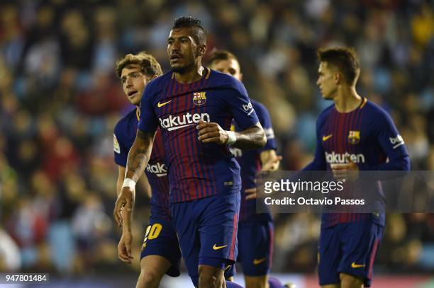 Paulinho of Barcelona celebrates after scores the second goal during the La Liga match between Celta de Vigo and Barcelona at Municipal Balaidos on...