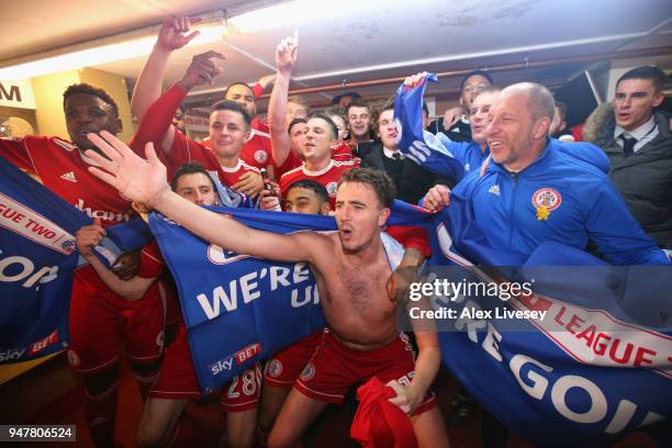 The players of Accrington Stanley celebrate gaining promotion after the Sky Bet League Two match between Accrington Stanley and Yeovil Town at The...