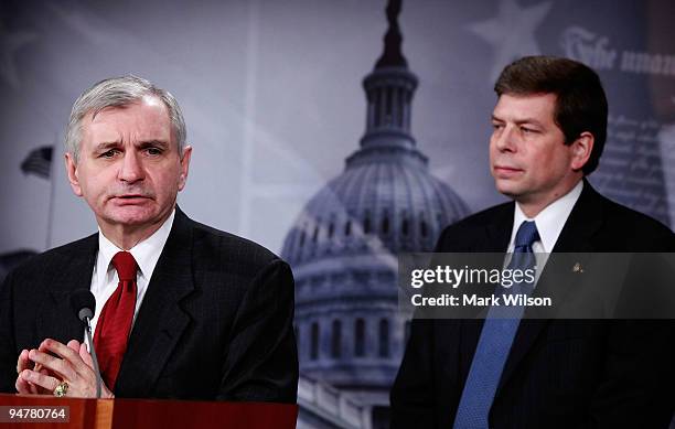 Sen. Jack Reed and Sen. Mark Begich participate in a news conference on health care on Capitol Hill on December 18, 2009 in Washington, DC. Senate...