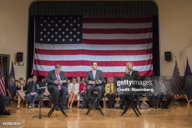 Ivanka Trump, assistant to U.S. President Donald Trump, from right, speaks while Steven Mnuchin, U.S. Treasury secretary, and John Sununu, former...