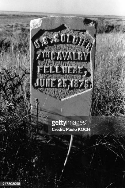 Stèle d'un soldat du 7è de cavalerie tué pendant la bataille de Little Big Horn en 1876, sur la colline de Custer dans le Montana, aux Etats Unis.