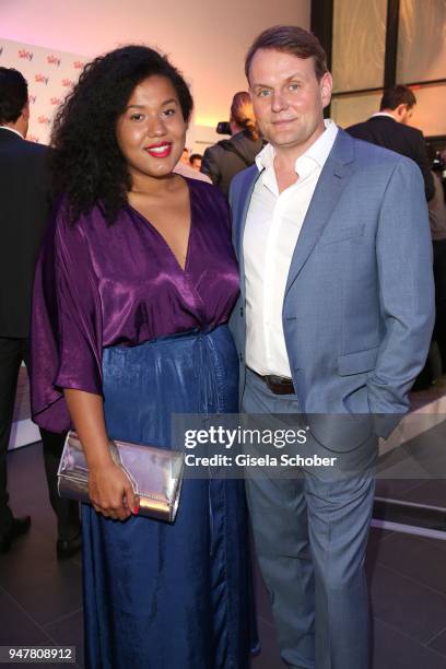 Devid Striesow and his girlfriend Ines Ganzberger during the launch event for 'Das neue Sky' on April 17, 2018 in Munich, Germany.