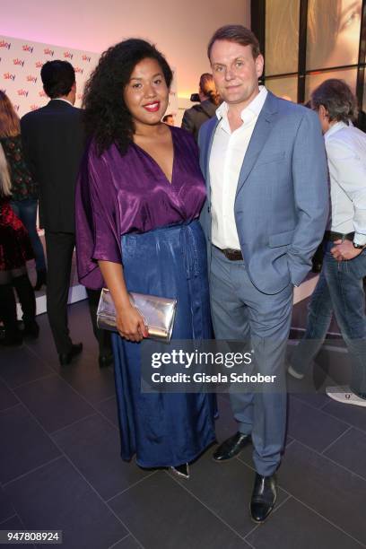 Devid Striesow and his girlfriend Ines Ganzberger during the launch event for 'Das neue Sky' on April 17, 2018 in Munich, Germany.