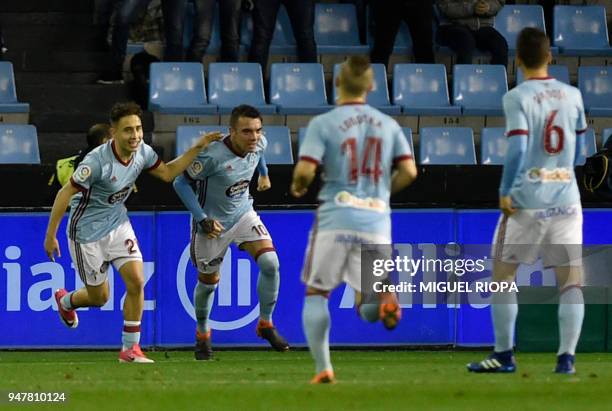 Celta Vigo's Spanish forward Iago Aspas celebrates scoring a goal during the Spanish league football match between Celta de Vigo and FC Barcelona at...