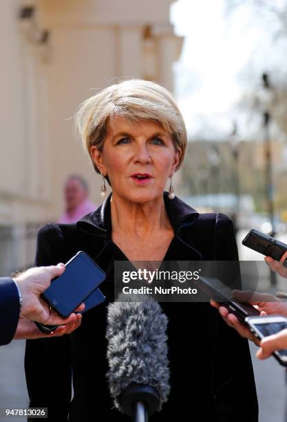 Australian Foreign Affairs Minister, Julie Bishop is giving an interview on the streets of London Commonwealth Heads of Government Meeting in London,...