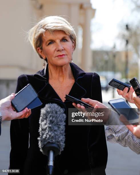 Australian Foreign Affairs Minister, Julie Bishop is giving an interview on the streets of London Commonwealth Heads of Government Meeting in London,...