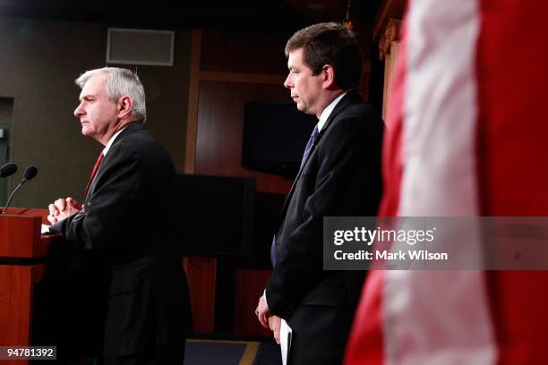 Sen. Jack Reed and Sen. Mark Begich participate in a news conference on health care on Capitol Hill on December 18, 2009 in Washington, DC. Senate...