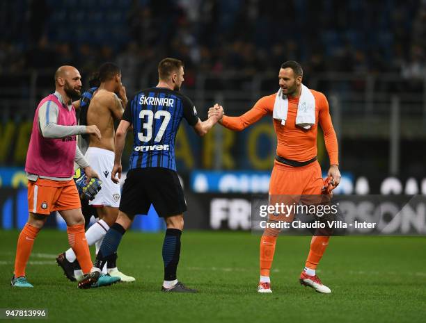 Milan Skriniar of FC Internazonale and Samir Handanovic of FC Internazionale celebrate the win at the end of the serie A match between FC...