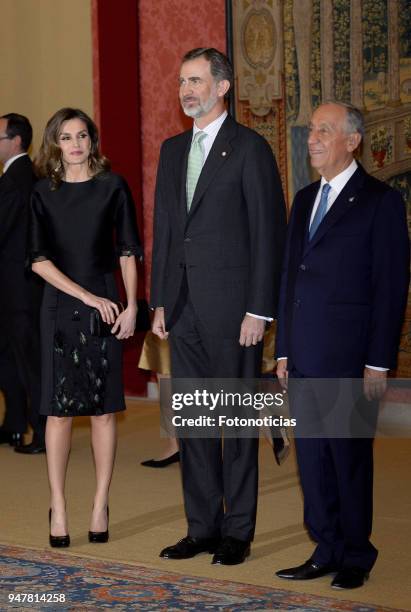 King Felipe VI of Spain , Queen Letizia of Spain and the President of Protugal Marcelo Rebelo de Sousa attend a reception at El Pardo Palace on April...