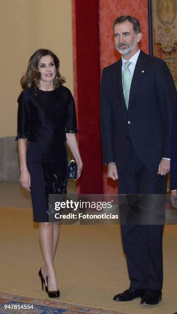 King Felipe VI of Spain and Queen Letizia of Spain attend a reception at El Pardo Palace on April 17, 2018 in Madrid, Spain.