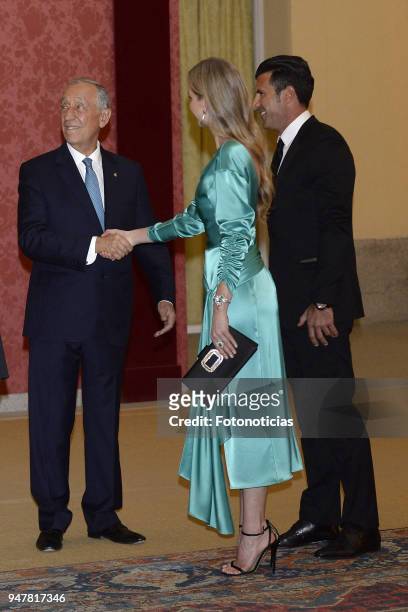 The President of Portugal Marcelo Rebelo de Sousa , Helen Svedin and Luis Figo attend a reception at El Pardo Palace on April 17, 2018 in Madrid,...