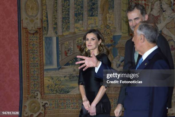 King Felipe VI of Spain , Queen Letizia of Spain and the President of Protugal Marcelo Rebelo de Sousa attend a reception at El Pardo Palace on April...