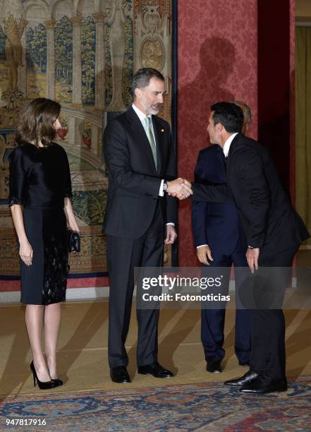 Queen Letizia of Spain , King Felipe VI of Spain and Luis Figo attend a reception at El Pardo Palace on April 17, 2018 in Madrid, Spain.