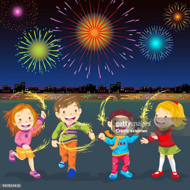 city celebrating with fireworks - new year cartoon stock illustrations