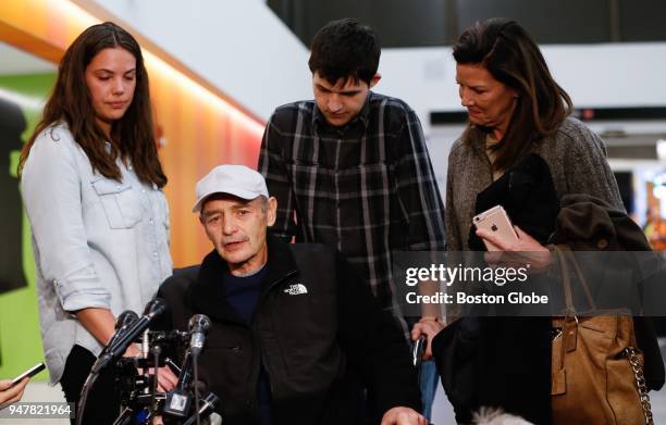 Former Massachusetts House Speaker Sal DiMasi is surrounded by his wife Debbie, daughter Ashley, and son Christian as he talks to members of the...