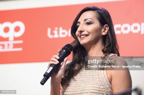 Italian actress and author Martina Dell'Ombra attends the presentation of her latest book "Fake" with the author and actor Natalino Balasso at Coop...