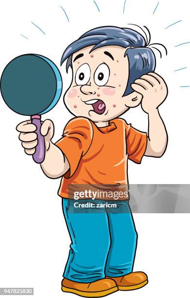 ilustraciones, imágenes clip art, dibujos animados e iconos de stock de un niño con un espejo - acne