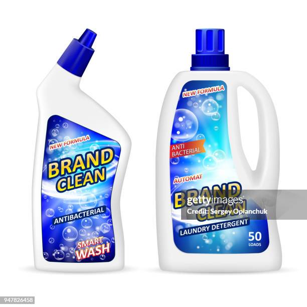 realistic plastic bottle mockup with label, antibacterial gel laundry detergent for cleaning bathroom, liquid soap toilet cleaner. white package design for your brand. vector illustration - fabric softener bottle stock illustrations