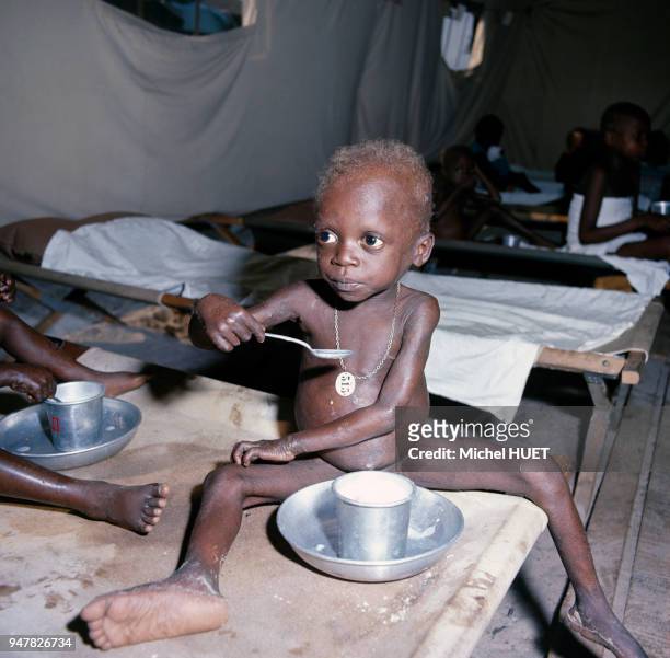 Enfants souffrant de la faim pris en charge par la Croix-Rouge, lors de la famine causée par la guerre du Biafra au Nigéria.