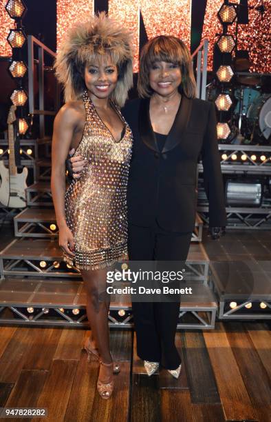 Cast member Adrienne Warren and Tina Turner pose backstage at the press night performance of "Tina: The Tina Turner Musical" at the Aldwych Theatre...