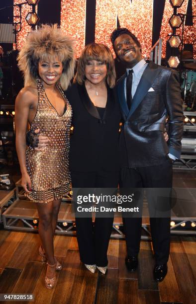 Tina Turner poses with cast members Adrienne Warren and Kobna Holdbrook-Smith at the press night performance of "Tina: The Tina Turner Musical" at...