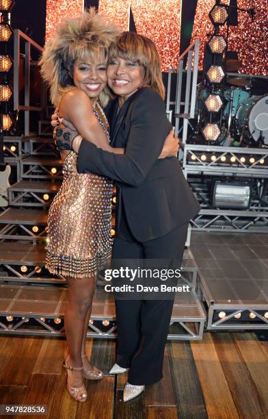 Cast member Adrienne Warren and Tina Turner pose backstage at the press night performance of "Tina: The Tina Turner Musical" at the Aldwych Theatre...