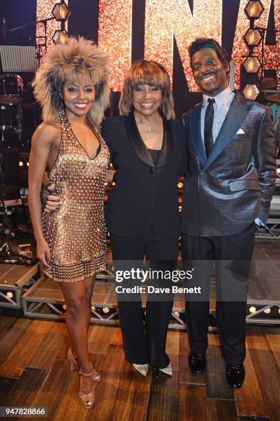 Tina Turner poses with cast members Adrienne Warren and Kobna Holdbrook-Smith at the press night performance of "Tina: The Tina Turner Musical" at...